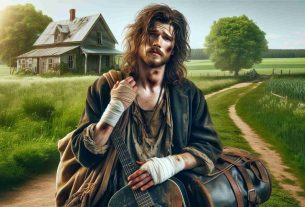 Create a realistic high-definition image of a male musician, shabbily dressed with long wavy hair, returning home after a farming accident. His clothes are marred with mud and grass stains, a bandage wraps around his hand, evidencing a minor injury. His face, while tired, displays a sense of relief and content. The backdrop is a small, rustic farmhouse nested in a lush green countryside, showcasing idyllic rural life.