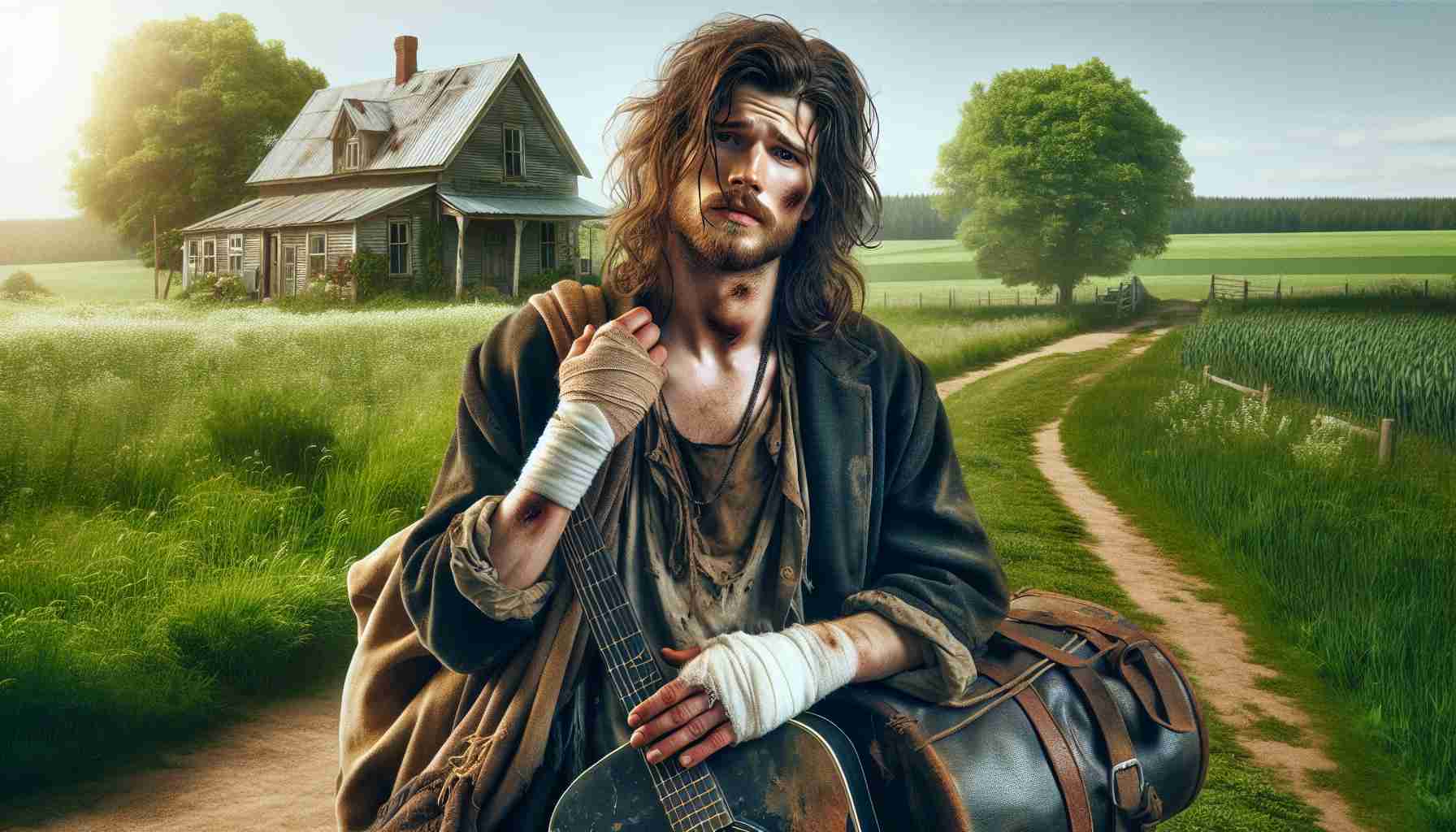 Create a realistic high-definition image of a male musician, shabbily dressed with long wavy hair, returning home after a farming accident. His clothes are marred with mud and grass stains, a bandage wraps around his hand, evidencing a minor injury. His face, while tired, displays a sense of relief and content. The backdrop is a small, rustic farmhouse nested in a lush green countryside, showcasing idyllic rural life.