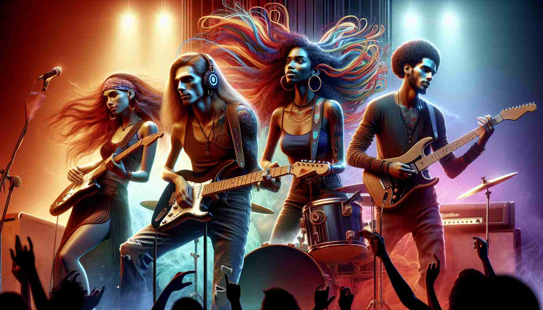 Realistic high-definition image of an imaginary band named 'LE SSERAFIM', renowned for redefining boundaries through their groundbreaking music. The picture should capture the essence of their energetic stage presence, with the four members of the band - two female and two male - each playing their respective instruments. Let the vibrancy of their music be palpable through the picture. Each band member is from a different descent - Caucasian, Hispanic, Black, Middle-Eastern - adding to the rich diversity that they bring to their music.