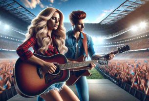 Realistic high definition image of an electrifying performance by a charismatic blonde female country pop singer and a red-haired male singer-songwriter playing their guitars on the grand stage of a renowned large outdoor stadium filled with enthusiastic fans.