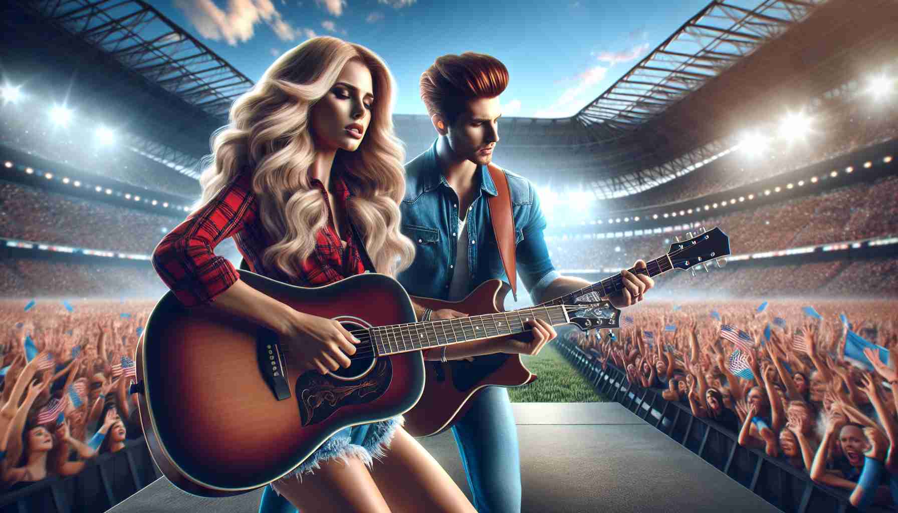 Realistic high definition image of an electrifying performance by a charismatic blonde female country pop singer and a red-haired male singer-songwriter playing their guitars on the grand stage of a renowned large outdoor stadium filled with enthusiastic fans.