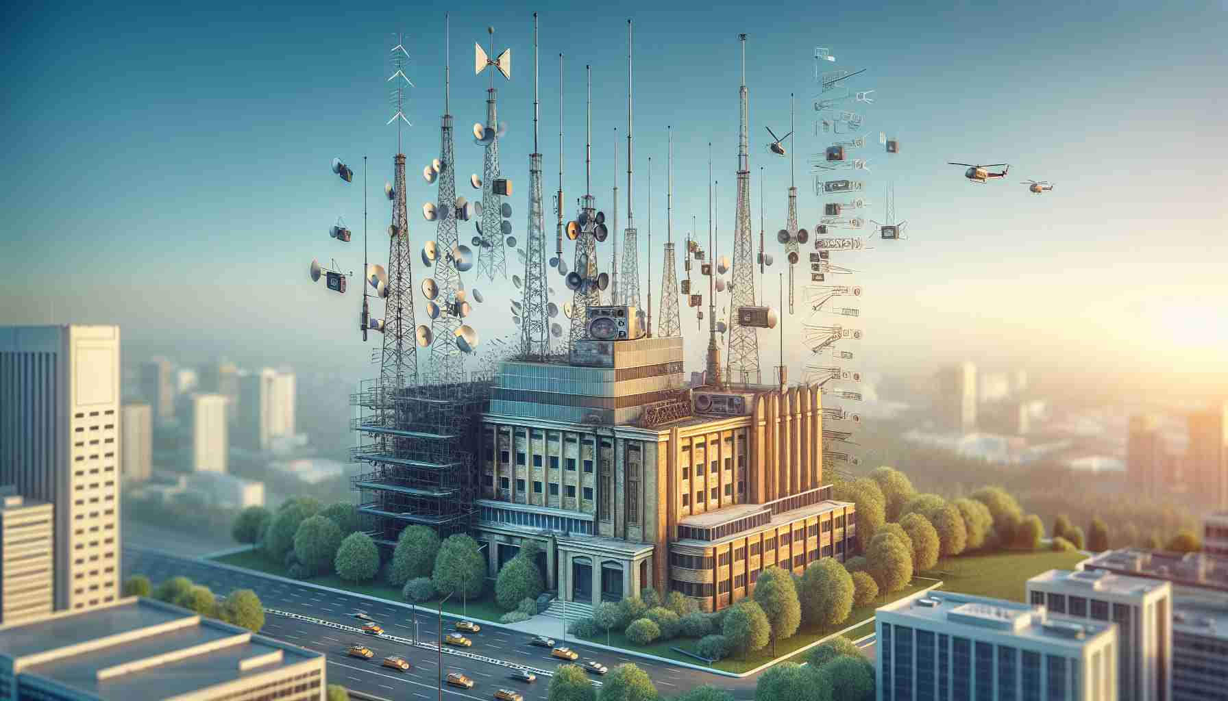 Realistic high-definition image representing the transformation of an iconic radio station signalling the end of an era. The picture could include elements like outdated radio antennas being replaced by modern digital technology components, or an old radio station building being renovated into a contemporary setup. Slight traces of its past should be discernible amid the new installation to signify change and progress.