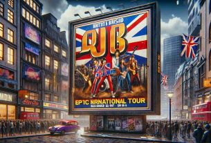 Realistic high-definition image of a fictional British rock band resembling the era of popular 90s music, announcing an epic international tour. The scene includes a vivid concert poster with bold lettering and iconic rock imagery, set against a bustling urban backdrop.