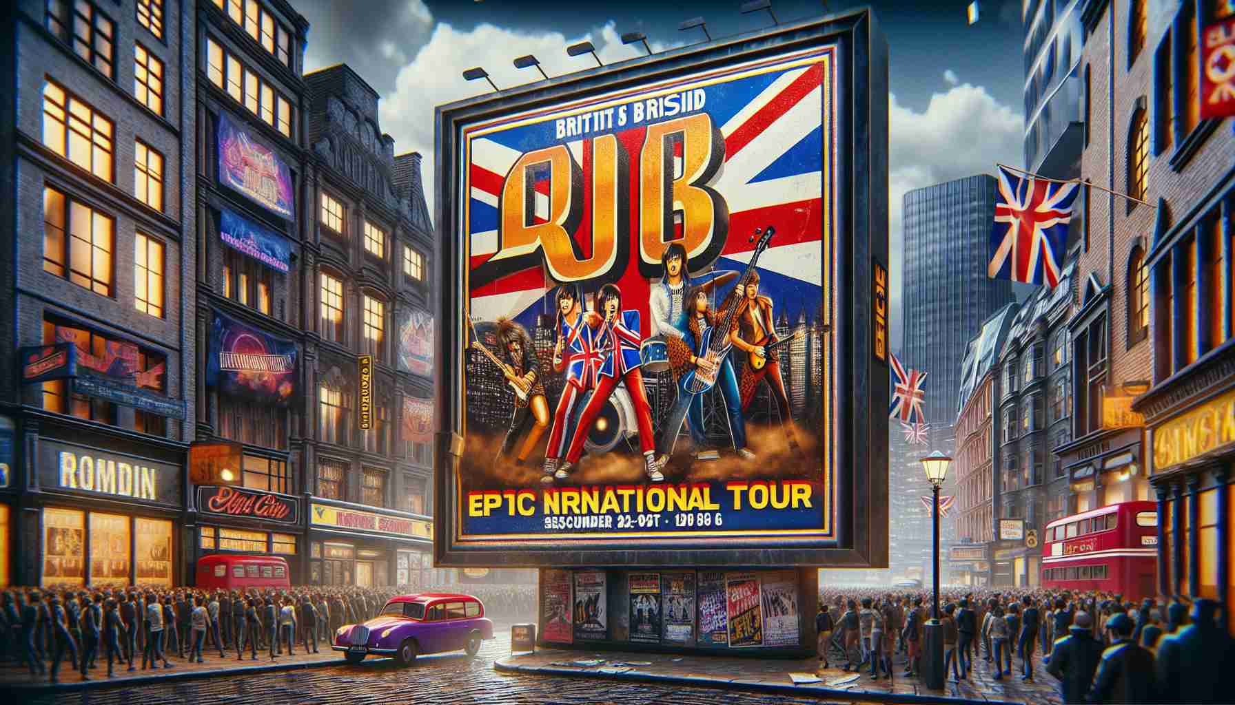 Realistic high-definition image of a fictional British rock band resembling the era of popular 90s music, announcing an epic international tour. The scene includes a vivid concert poster with bold lettering and iconic rock imagery, set against a bustling urban backdrop.