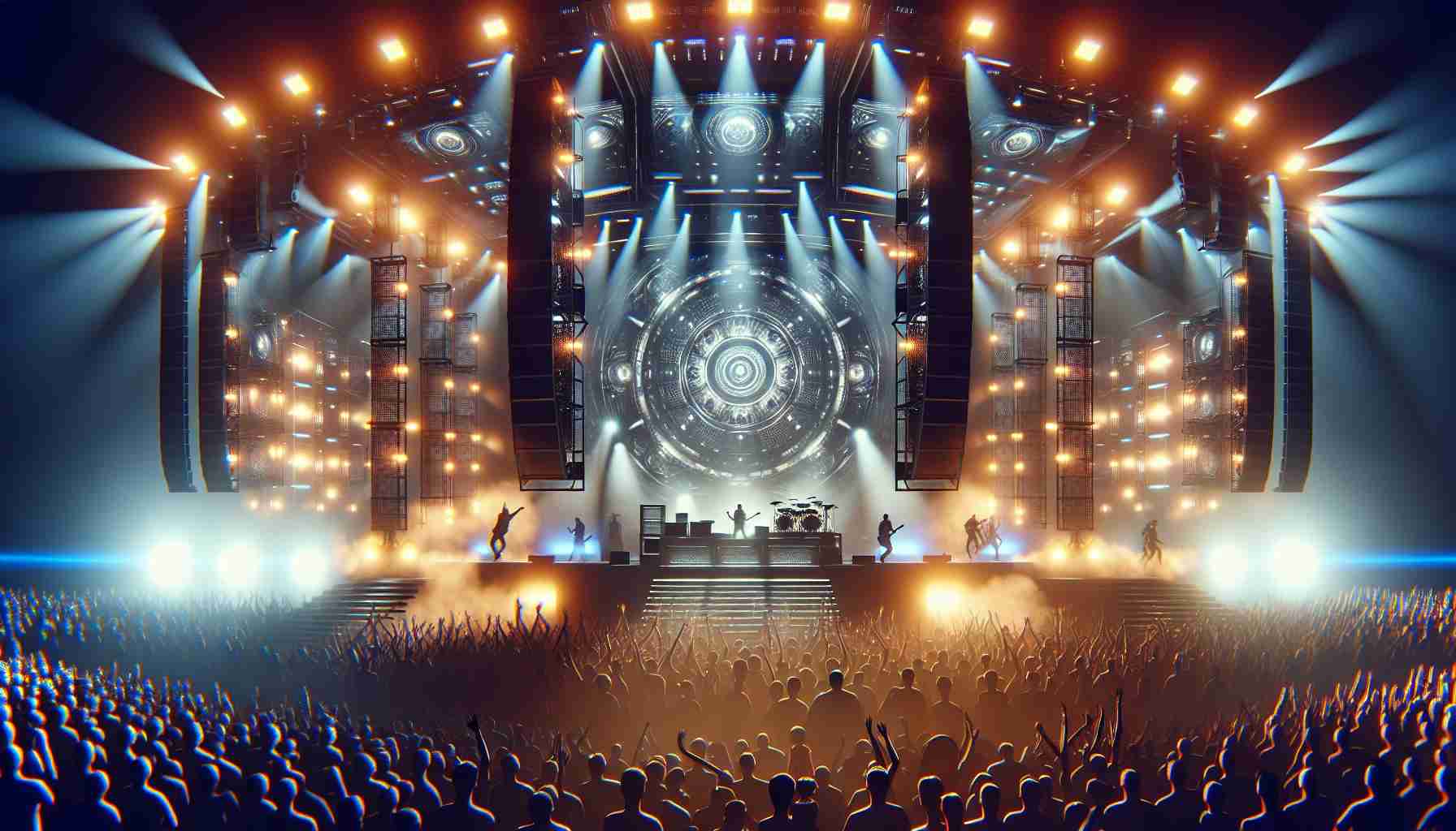 Create an image of a high-definition, realistic scene unfolding at a live music extravaganza in 2025. It's a grand event, headlined by creative and passionate icons only known for their metallic musical style. The stage is packed with massive speakers and dazzling lights, and the atmosphere is electric, filled with palpable excitement. People in the crowd are seen swaying their heads and moving to the rhythm while the band of these icons performs on the stage filled with energetic gusto.