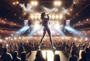 A high-definition image showcasing a scene from a massive concert in London. The main focus of the image is a charismatic female pop star, captivating the crowd with her energetic performance. The crowd of thousands is in absolute rapture, brightly lit by the dazzling concert lights. The stage is centrally placed, with the pop star exhibiting her talent. Amid the spectacle, visible signs of heightened security measures can be observed, such as security personnel patrolling the area and advanced security equipment in play, emphasising a strong sense of safety amidst the fun and excitement.