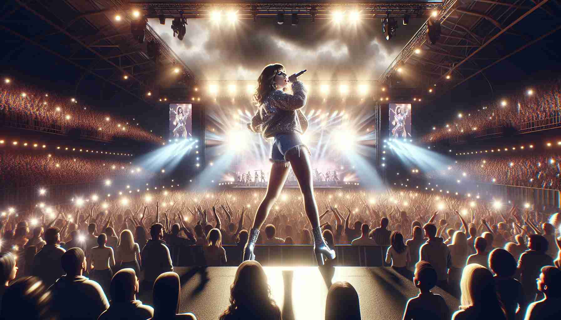 A high-definition image showcasing a scene from a massive concert in London. The main focus of the image is a charismatic female pop star, captivating the crowd with her energetic performance. The crowd of thousands is in absolute rapture, brightly lit by the dazzling concert lights. The stage is centrally placed, with the pop star exhibiting her talent. Amid the spectacle, visible signs of heightened security measures can be observed, such as security personnel patrolling the area and advanced security equipment in play, emphasising a strong sense of safety amidst the fun and excitement.