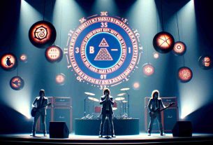 Realistic high definition image of a British-style rock band, filmed on stage during a live performance. There is an air of mystery and excitement as they display cryptic symbols and bizarre stage props, simulating the anticipation and speculation often experienced during teaser releases.