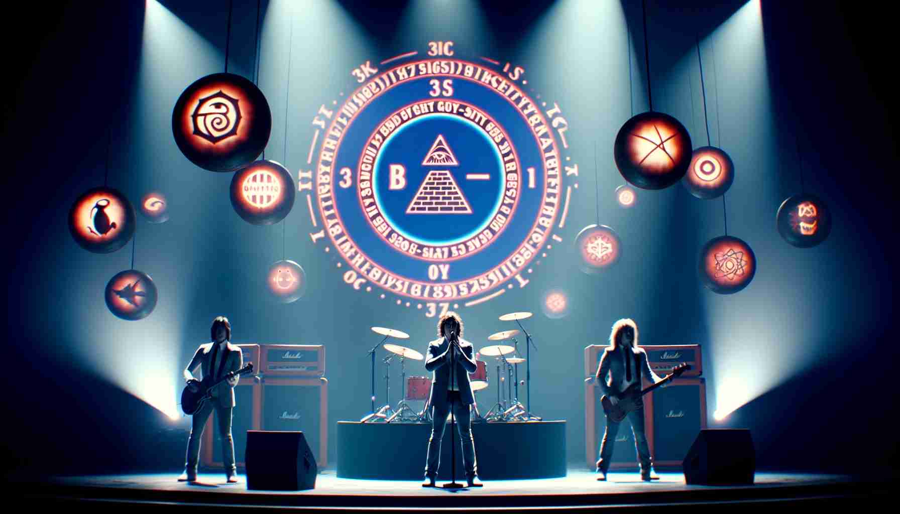 Realistic high definition image of a British-style rock band, filmed on stage during a live performance. There is an air of mystery and excitement as they display cryptic symbols and bizarre stage props, simulating the anticipation and speculation often experienced during teaser releases.