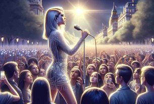 A high definition realistic illustration of a crowd in London being captivated by an unreleased emotional ballad performed by a blonde female pop singer. She's wearing a glittering silver dress, holding a microphone, and had an aura of radiance around her. The crowd is mesmerized, with many people holding up their phones to record this memorable event.