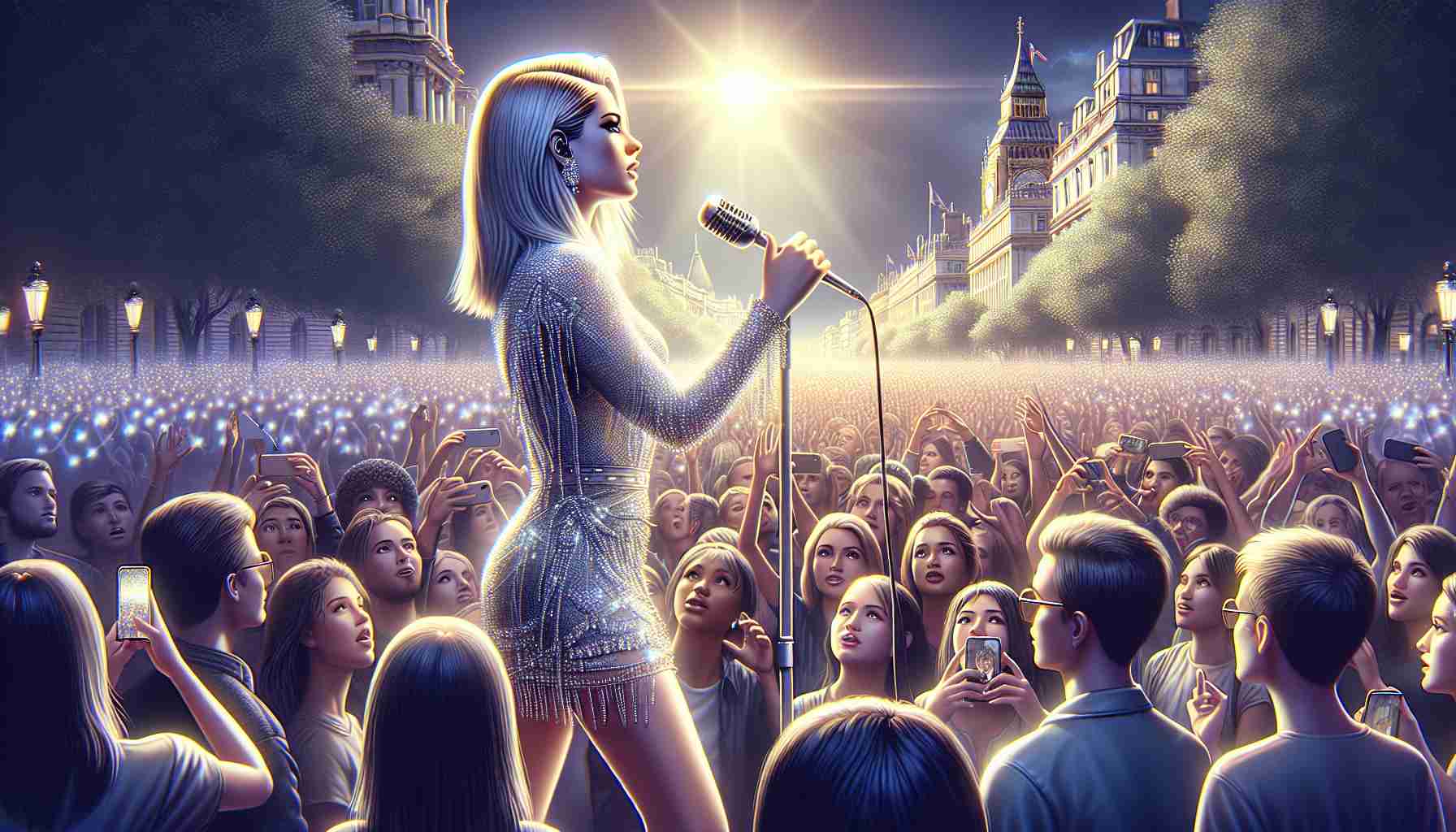 A high definition realistic illustration of a crowd in London being captivated by an unreleased emotional ballad performed by a blonde female pop singer. She's wearing a glittering silver dress, holding a microphone, and had an aura of radiance around her. The crowd is mesmerized, with many people holding up their phones to record this memorable event.