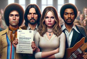 A highly detailed photo-realistic image capturing a popular 70s music band, where each band member is shown as displeased while holding a letter that requests a generic politician to stop the unauthorized use of their music. This includes two females, one being Caucasian and the other Middle-Eastern, and two males, one being Black and the other South Asian. They are all dressed in classic 70s outfits, maintaining a balanced blend of authenticity and modern touch.