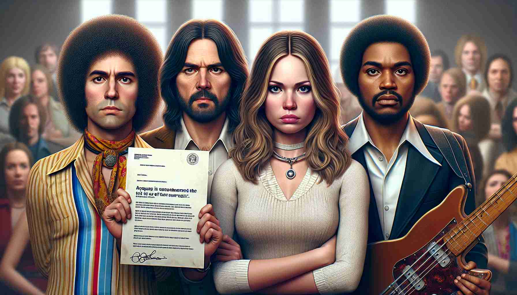 A highly detailed photo-realistic image capturing a popular 70s music band, where each band member is shown as displeased while holding a letter that requests a generic politician to stop the unauthorized use of their music. This includes two females, one being Caucasian and the other Middle-Eastern, and two males, one being Black and the other South Asian. They are all dressed in classic 70s outfits, maintaining a balanced blend of authenticity and modern touch.