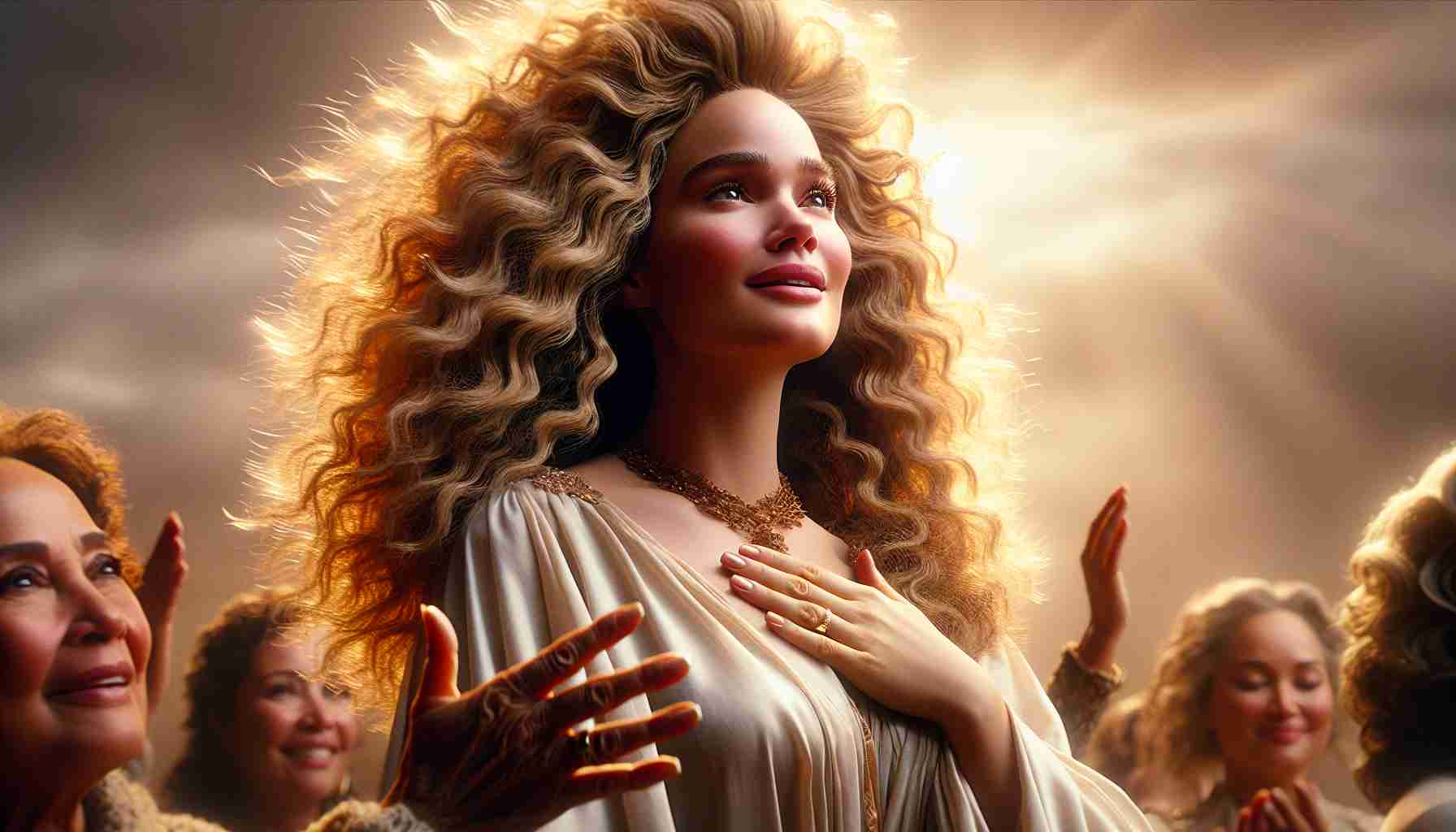 A high-definition, realistic image of an admired female singer with curly, honey-blonde hair celebrating the resilience of her sister in the face of adversity. She has a proud, caring facial expression and her posture radiates warmth and admiration. The singer is also known for her diva personality and breathtaking vocal range. In this scene, she carries the aura of a strong woman honoring another. The setting conveys a sense of resilience and triumph, possibly symbolized in details like strong winds or a rising sun.