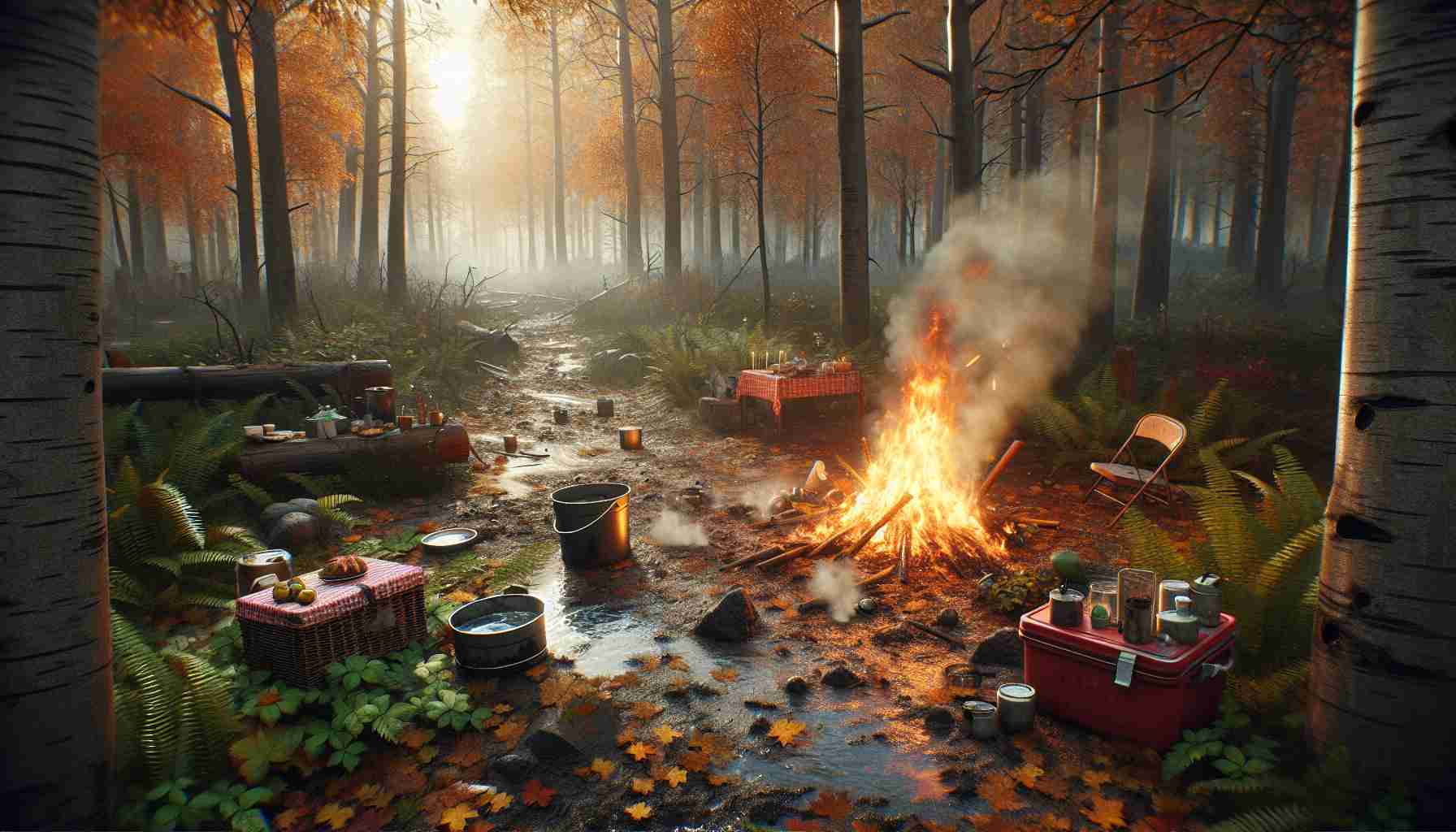 Generate a high-definition, realistic image depicting a scene titled 'A Fiery Mishap: A Cautionary Tale.' This scene should include signs of a minor but significant mistake involving fire. Possibly a small, timely controlled campfire that has spread to a nearby picnic basket full of food, in the middle of a beautiful deciduous forest during autumn. There could also be the aftermath of the mishap with scorched earth, and a water bucket nearby that was used in attempts to control the fire. Signs like singed items and steam rising from the wet, charred soil should be visible. This scene should be devoid of living beings and only depict objects and the environment.