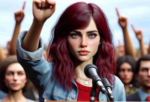 Realistic high-definition photo of a young pop singer with deep red hair and striking blue eyes. She stands strong and defiant as a symbolic gesture against invasive behavior. The artist is captured in mid-speech, perhaps during a press conference or an open dialogue event, pointing out the importance of privacy and respect. She is dressed casually yet stylishly, creating a relatable contrast to the heavy topic she's addressing. Her stance and expression embody courage and resilience.