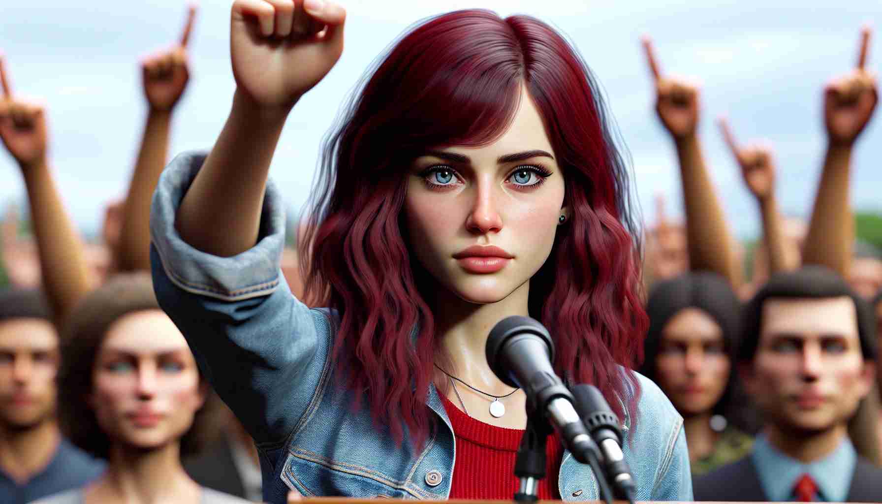 Realistic high-definition photo of a young pop singer with deep red hair and striking blue eyes. She stands strong and defiant as a symbolic gesture against invasive behavior. The artist is captured in mid-speech, perhaps during a press conference or an open dialogue event, pointing out the importance of privacy and respect. She is dressed casually yet stylishly, creating a relatable contrast to the heavy topic she's addressing. Her stance and expression embody courage and resilience.