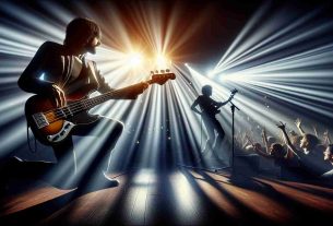 A highly detailed, realistic image of a legendary collaboration: a renowned British songwriter and bass guitarist jamming out in a surprise performance. The stage is backlit with vibrant lights of various colors, casting long, dramatic shadows. In the foreground, there's a left-handed musician strumming a bass guitar passionately. The image captures the intense energy, roaring crowd, and overall excitement of the live music event.