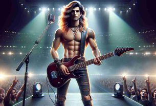 Realistic HD photo of a popular male musician who is known for his unique style, announcing a new musical journey. He stands on a stage with a guitar slung over his shoulder. His physique is lean and his hair, a combination of long and short strands, is styled in a vibrant manner. His outfit is edgy, reflecting his innovative personality in the music industry. The background features an excited crowd, a bright spotlight highlighting the musician, and the stage reflects an aura of anticipation.