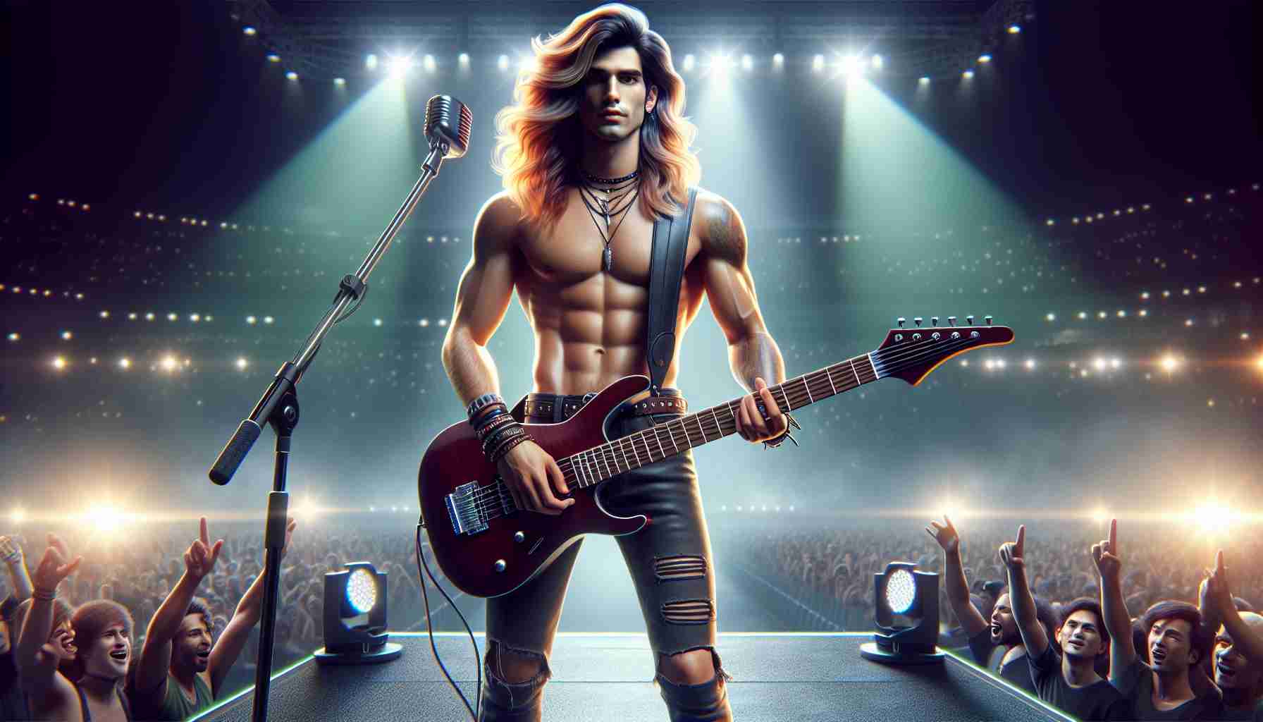 Realistic HD photo of a popular male musician who is known for his unique style, announcing a new musical journey. He stands on a stage with a guitar slung over his shoulder. His physique is lean and his hair, a combination of long and short strands, is styled in a vibrant manner. His outfit is edgy, reflecting his innovative personality in the music industry. The background features an excited crowd, a bright spotlight highlighting the musician, and the stage reflects an aura of anticipation.