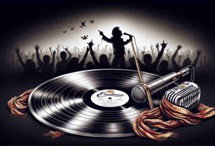 A high-definition, realistic illustration depicting the musical legacy of a popular rock vocalist, known for a distinctive voice, flamboyant style, and energetic performances. The image should showcase iconic elements such as a microphone stand adorned with scarves, the silhouette of fans cheering in the background, and an array of platinum records on the wall.