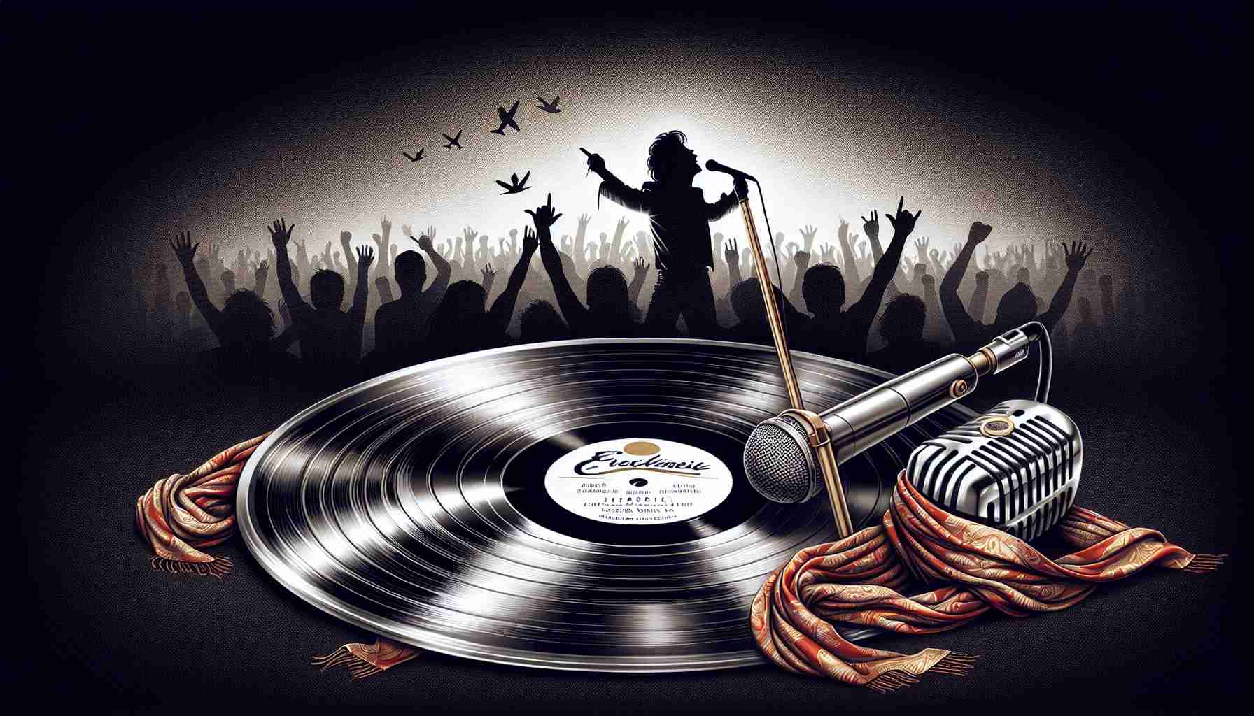 A high-definition, realistic illustration depicting the musical legacy of a popular rock vocalist, known for a distinctive voice, flamboyant style, and energetic performances. The image should showcase iconic elements such as a microphone stand adorned with scarves, the silhouette of fans cheering in the background, and an array of platinum records on the wall.