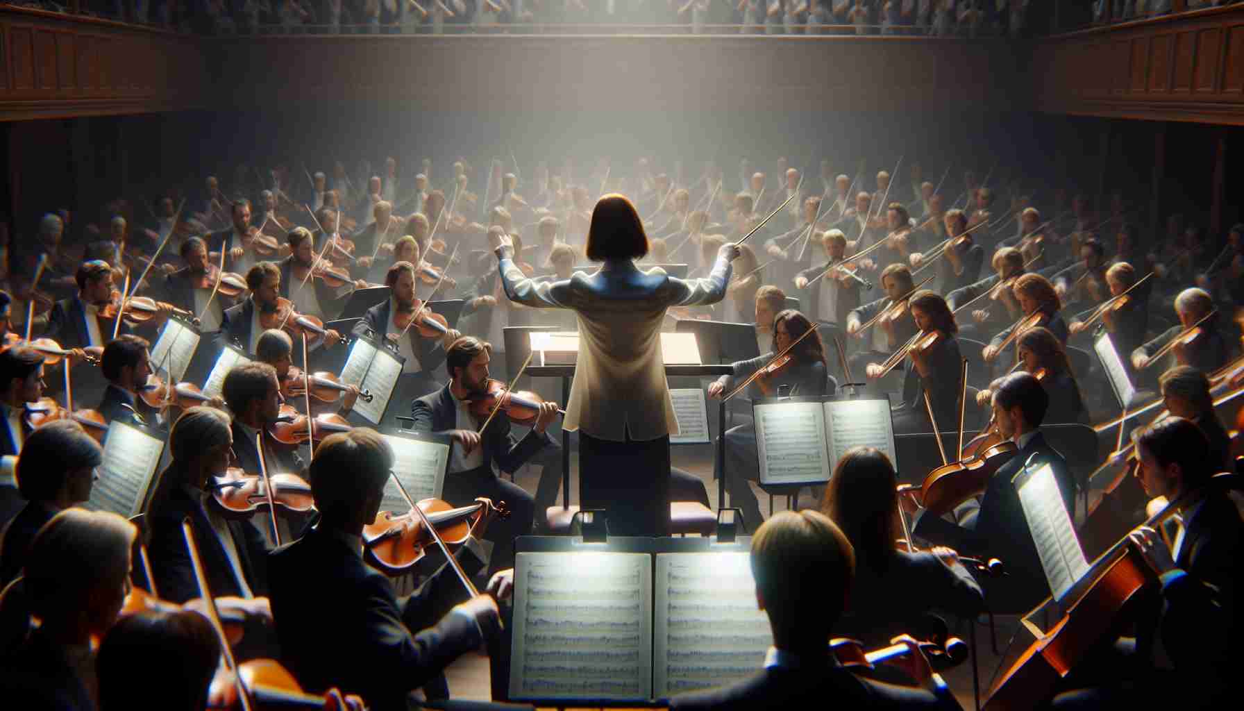 Generate a realistic, high-definition image of 'Unforeseen Harmony: A New Beginning'. The scene should portray a symphony orchestra in the midst of a touching performance. Focus on the well-coordinated instruments, the complex sheet music, and the intense pent-up emotions of the musicians, especially highlighting the figure of a female conductor, Jane, who should be depicted as a Caucasian woman in her mid-forties, skillfully leading the orchestra towards their new beginning.