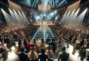 A highly detailed and realistic image showing a star-studded evening at the 2024 Stardust Awards. The scene showcases a host of musicians dressed in their glamorous best, illuminated by the radiant lights of the grand award ceremony. A glittering stage is set in the background with spectators aplenty. With high-definition image quality, you can soak in the electrifying atmosphere brimming with anticipation and excitement. Please create an image that does not include specific persons or celebrities, rather focuses on the collective glamour and grandeur of the event.