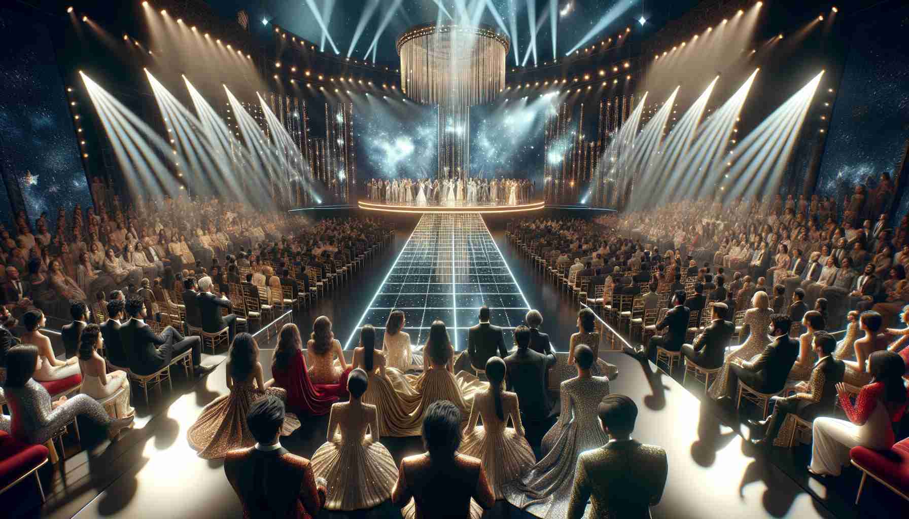 A highly detailed and realistic image showing a star-studded evening at the 2024 Stardust Awards. The scene showcases a host of musicians dressed in their glamorous best, illuminated by the radiant lights of the grand award ceremony. A glittering stage is set in the background with spectators aplenty. With high-definition image quality, you can soak in the electrifying atmosphere brimming with anticipation and excitement. Please create an image that does not include specific persons or celebrities, rather focuses on the collective glamour and grandeur of the event.