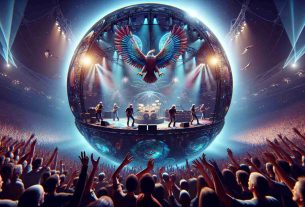 Create a realistic, HD image of an electrifying concert at a spherical venue. The stage is brightly lit with a glow of multi-colored lights. In the intricate wonder of the scene, a band, known for their emblematic eagle motif, is performing passionately. The crowd's fervor is evident, their hands waving rhythmically to the music. You can see the members of the band on stage, deeply engrossed in their performance, their every move resonating with the beats. Their music fills the sphere, creating a magnetic, captivating atmosphere that leaves the audience entranced.