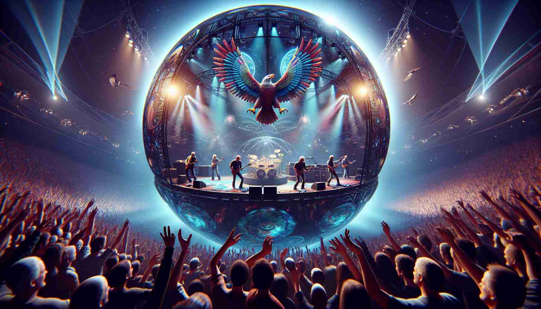 Create a realistic, HD image of an electrifying concert at a spherical venue. The stage is brightly lit with a glow of multi-colored lights. In the intricate wonder of the scene, a band, known for their emblematic eagle motif, is performing passionately. The crowd's fervor is evident, their hands waving rhythmically to the music. You can see the members of the band on stage, deeply engrossed in their performance, their every move resonating with the beats. Their music fills the sphere, creating a magnetic, captivating atmosphere that leaves the audience entranced.