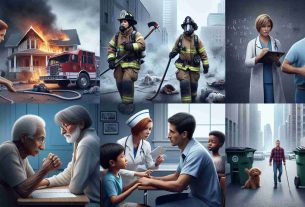 An ultra-HD, realistic image of everyday heroes engaged in their otherwise unappreciated roles. The scene includes a Middle-Eastern woman firefighter fighting a raging house fire, a South Asian man teacher patiently explaining an equation to a group of curious children, a Black woman nurse comforting an elderly patient, and a White man garbage collector making sure the city streets are clean early in the morning. The narrative behind each character telling a glimpse of their untold, captivating stories.