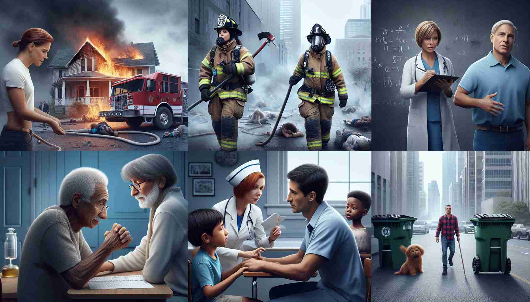 An ultra-HD, realistic image of everyday heroes engaged in their otherwise unappreciated roles. The scene includes a Middle-Eastern woman firefighter fighting a raging house fire, a South Asian man teacher patiently explaining an equation to a group of curious children, a Black woman nurse comforting an elderly patient, and a White man garbage collector making sure the city streets are clean early in the morning. The narrative behind each character telling a glimpse of their untold, captivating stories.