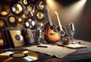 A high definition, realistic image representing the enduring legacy of a legendary musician, symbolized though iconic musical instruments and records. Please capture a variety of instruments such as a classic guitar, a microphone, sheet music, and vinyl records, scattered on a wooden table. Also include golden and platinum records mounted on a wall in the background, reflecting illustrious career achievements in the music industry. Include gentle light reflecting off these items, giving a nostalgic feel. Note: avoid any direct or indirect portrayal of any specific individual.