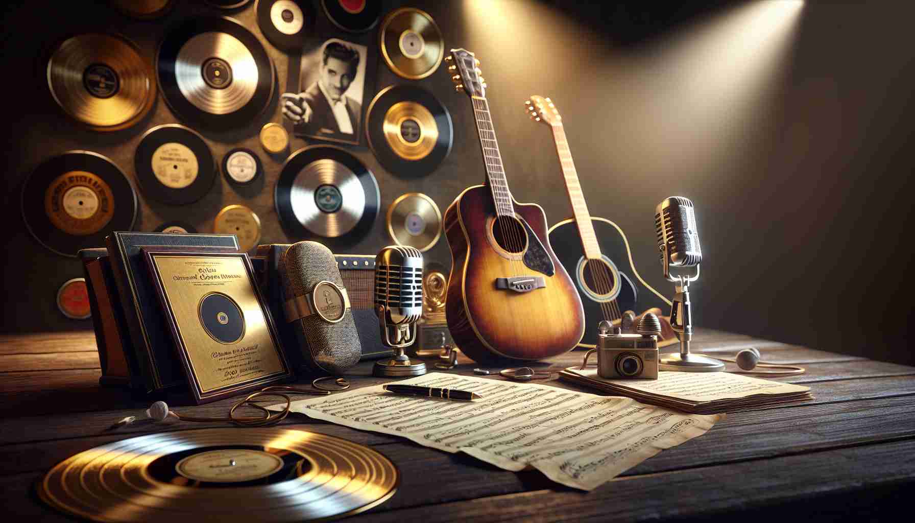 A high definition, realistic image representing the enduring legacy of a legendary musician, symbolized though iconic musical instruments and records. Please capture a variety of instruments such as a classic guitar, a microphone, sheet music, and vinyl records, scattered on a wooden table. Also include golden and platinum records mounted on a wall in the background, reflecting illustrious career achievements in the music industry. Include gentle light reflecting off these items, giving a nostalgic feel. Note: avoid any direct or indirect portrayal of any specific individual.