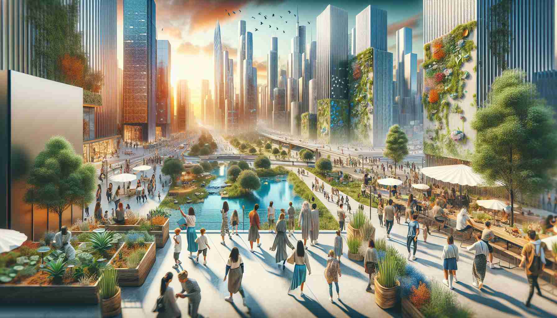 An ultra-high definition, realistic image showcasing the rise of sustainable fashion in urban landscapes. The scene should depict city folk of various descents and genders wearing eco-friendly clothing. There's an array of colors from the materials used, like bamboo fabric, hemp, organic cotton, and recycled polyester. The vibrant and dynamic city environment offers a stark contrast with lots of tall towering buildings, metal and glass structures reflecting the colors of the sky. People are engaging with each other and showing interest in sustainable fashion, emphasizing the importance of environmentally friendly choices in modern urban life.