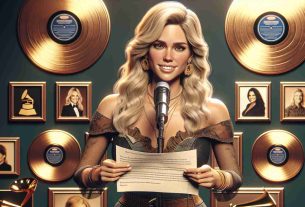 Realistic image of a well-recognized country singer with blonde hair and her distinctive stage attire, expressing her views on a paper titled 'Music Award Nominations'. Imagine golden record awards and country music iconography around her. Remain respectful and refer to her as a 'popular country music artist', without naming any specific individuals. High-definition image.