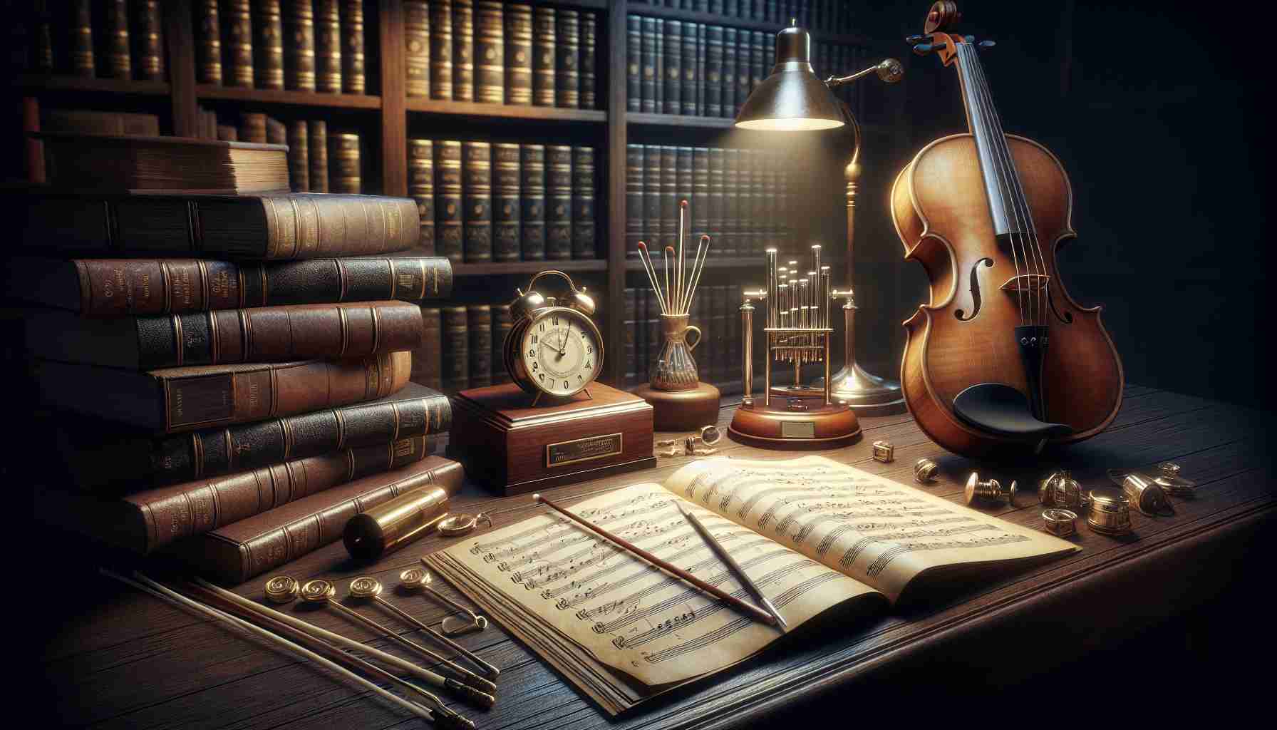 A realistic HD photo showcasing the legacy of a musical maestro. The image includes multiple elements related to music, such as sheets of classical music compositions strewn on a vintage wooden desk, a shiny, well-aged violin resting nearby, a set of worn conductor's batons, and an old-style metronome ticking away. In the backdrop, there are shelves full of music-related books and awards, all bathed in soft warm lighting. The aura of the room hints at countless hours spent in the pursuit of melodic perfection, encapsulating the enduring influence of a maestro's musical journey.