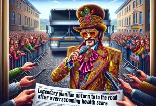 Detailed photo-realistic image of an iconic pianist with flamboyant fashion, known for his charismatic personality and electrifying performances. The pianist is returning to the road, indicating his triumph over a recent health scare. He could be seen wearing his signature oversized, ornate glasses with an extravagant outfit, holding a microphone, and standing in front of a tour bus, ready to embark on his journey. Fans and press swarm the area, their excitement palpable in the air. The text 'Legendary Pianist Announces Return to the Road After Overcoming Health Scare' can be seen in bold and eye-catching letters at the bottom of the scene.