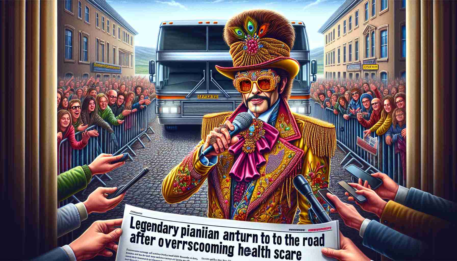 Detailed photo-realistic image of an iconic pianist with flamboyant fashion, known for his charismatic personality and electrifying performances. The pianist is returning to the road, indicating his triumph over a recent health scare. He could be seen wearing his signature oversized, ornate glasses with an extravagant outfit, holding a microphone, and standing in front of a tour bus, ready to embark on his journey. Fans and press swarm the area, their excitement palpable in the air. The text 'Legendary Pianist Announces Return to the Road After Overcoming Health Scare' can be seen in bold and eye-catching letters at the bottom of the scene.