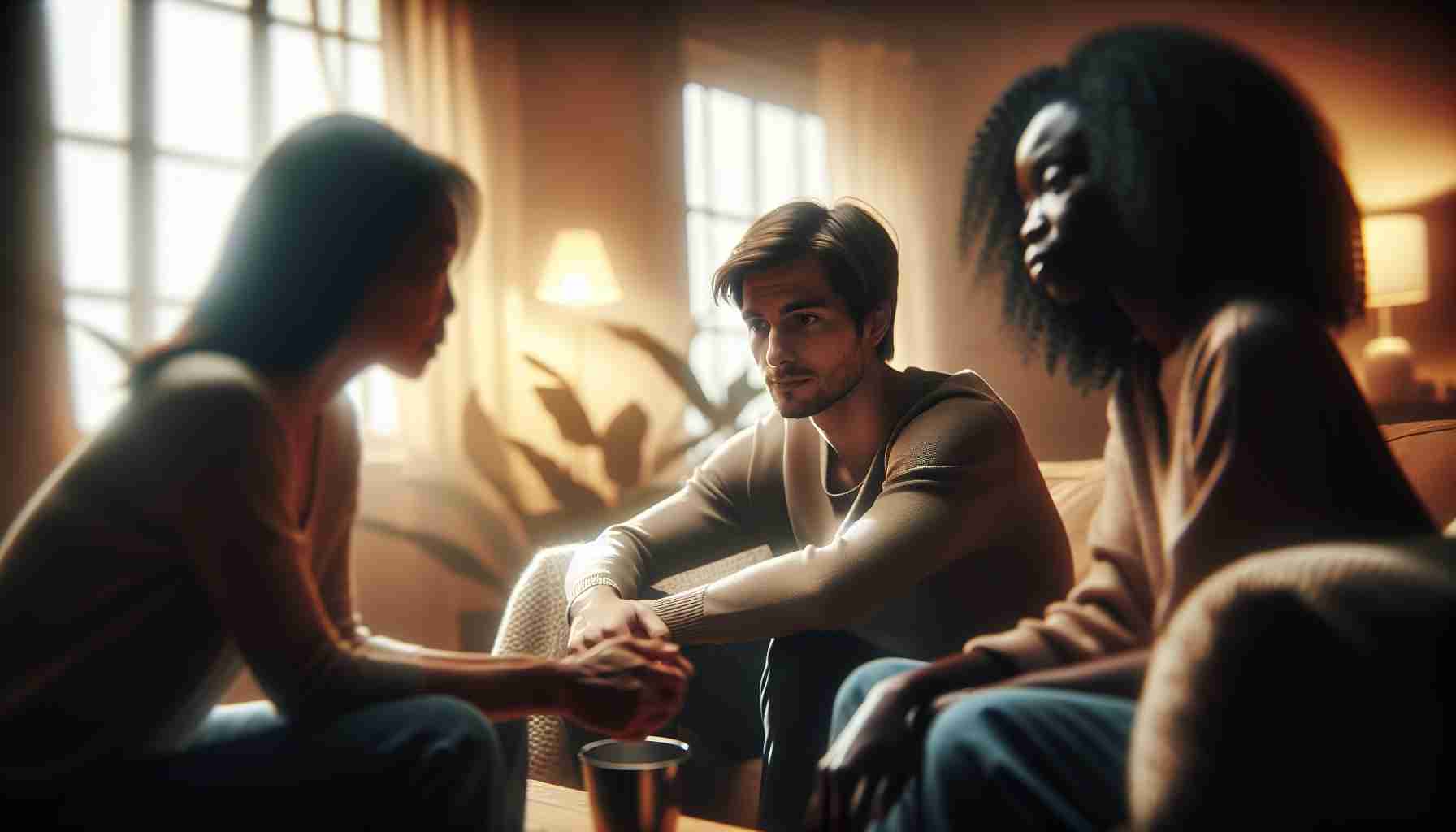 A realistic, high-definition image depicting the concept of Polyamory. In the picture imagine three diverse adults deeply engaged in a conversation while sitting in a warm, softly-lit, cozy living area. The first person is an Asian woman with shoulder-length hair, the second is a Caucasian man with short brown hair, and the third is a Black woman with long curly hair, drawing focus to the concept of alternative relationships. These individuals exhibit a sense of respect, trust and love towards each other, visually representing the dynamics of polyamory.