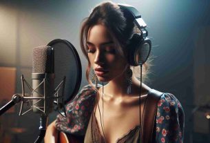 An HD, photorealistic image that symbolizes the musical resurgence and self-discovery of a female singer inspired by pop and folk music. She has a strong, distinguishing voice that mesmerizes her listeners. She is captured in a studio setting, perhaps behind a microphone or playing a guitar, wearing an outfit that resonates with her unique international style.