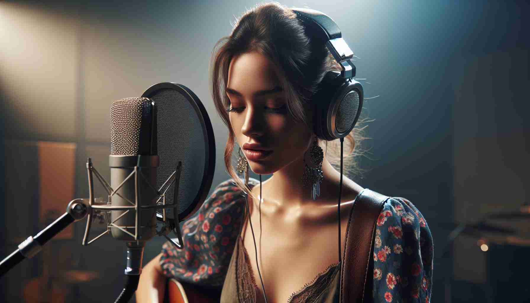 An HD, photorealistic image that symbolizes the musical resurgence and self-discovery of a female singer inspired by pop and folk music. She has a strong, distinguishing voice that mesmerizes her listeners. She is captured in a studio setting, perhaps behind a microphone or playing a guitar, wearing an outfit that resonates with her unique international style.