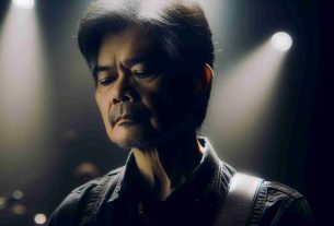 Generate a realistic, high-definition image of a middle-aged Asian male rock singer on stage, reflecting amidst criticisms about his performance. He is portrayed in a moment of contemplation about his future with the band he belongs to, visually represented through dark, moody lighting and close-ups of his expressive face.