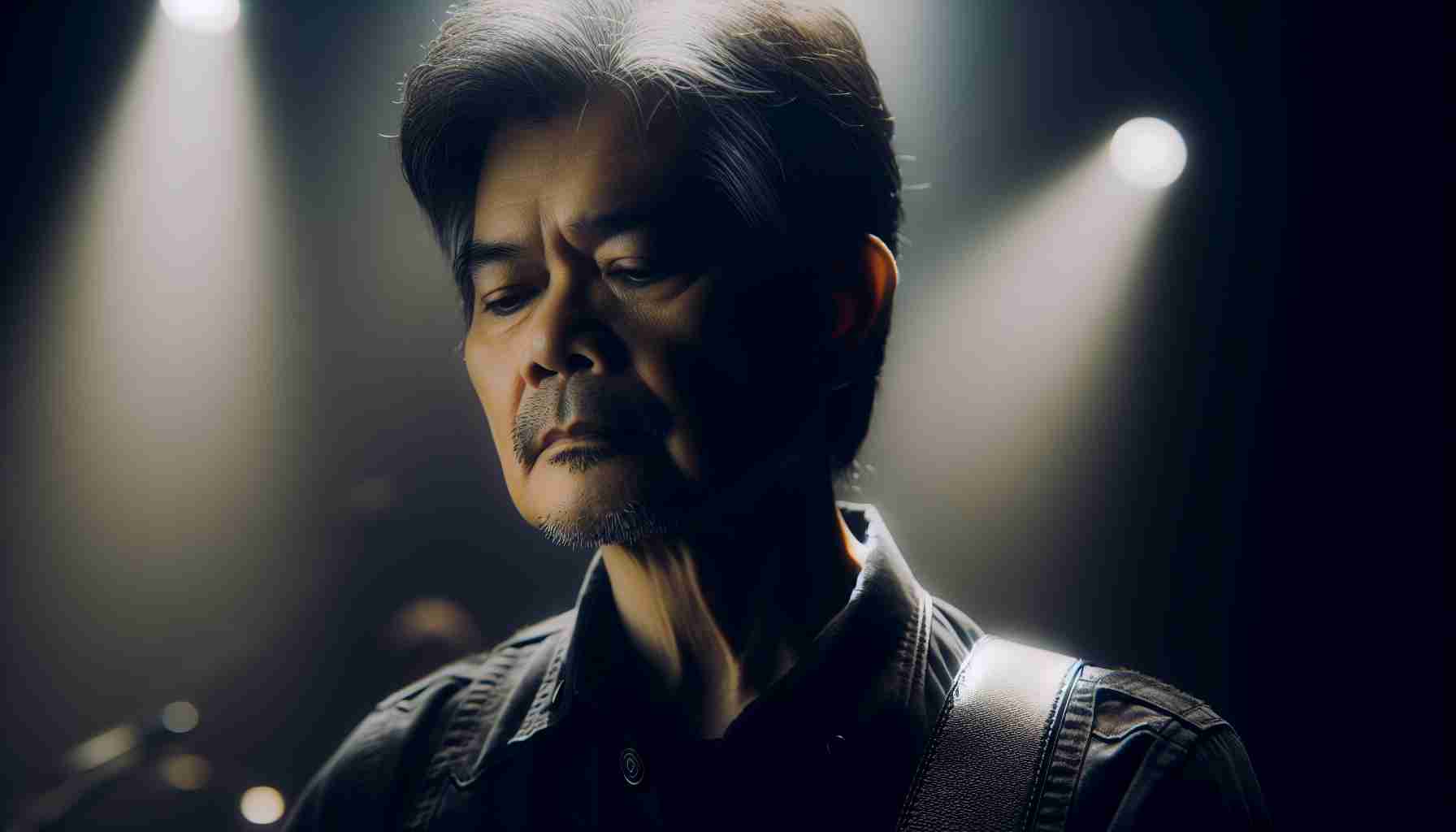 Generate a realistic, high-definition image of a middle-aged Asian male rock singer on stage, reflecting amidst criticisms about his performance. He is portrayed in a moment of contemplation about his future with the band he belongs to, visually represented through dark, moody lighting and close-ups of his expressive face.