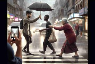 A highly-defined, realistic image capturing an unexpected act of kindness. The scene could take place in a bustling urban setting, where an older woman of South Asian descent offers her umbrella to a Black teenage boy during a sudden downpour. Together they cross the street, the downpour surrounding them. Perhaps an onlooker, a Middle Eastern man, captures the moment on his phone, visually suggesting that this act of kindness goes on to become a viral sensation online.