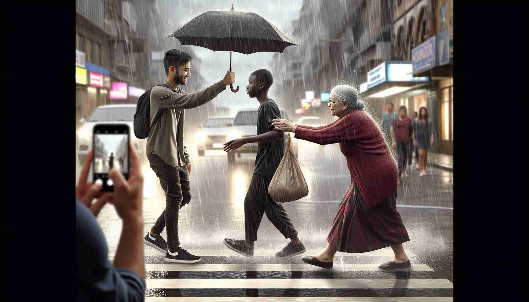 A highly-defined, realistic image capturing an unexpected act of kindness. The scene could take place in a bustling urban setting, where an older woman of South Asian descent offers her umbrella to a Black teenage boy during a sudden downpour. Together they cross the street, the downpour surrounding them. Perhaps an onlooker, a Middle Eastern man, captures the moment on his phone, visually suggesting that this act of kindness goes on to become a viral sensation online.