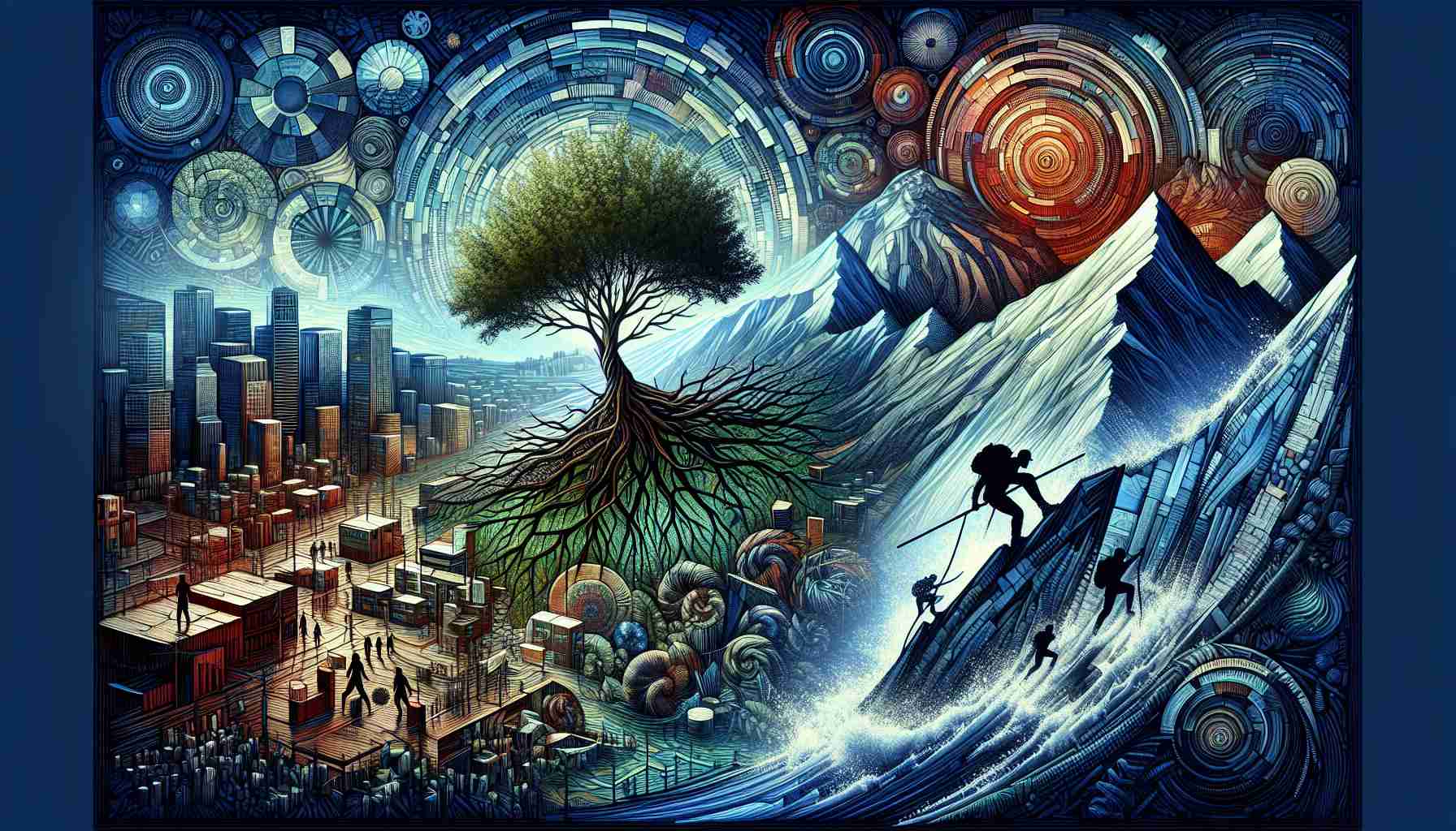 Generate a high-definition image that encapsulates the essence of resilience, showcasing a wide variety of elements that symbolize resistance, endurance, and determination. This could include depictions of a sturdy tree resisting a strong wind, a person climbing a steep mountain despite difficulties, or a city skyline enduring through times of adversity. The image should communicate hope and fortitude, reflecting the strength seen in 'New Anthems of Resilience.'