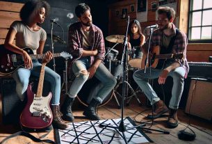 Generate a vivid, high-definition image of a rock band in the middle of their practice session, discussing the recent unforeseen circumstances that have led them to postpone their upcoming concert tour dates. Each of the band members has a different ethnic background: The drummer is a Caucasian male, the lead guitarist is a black female, the vocalist is a Hispanic female, and the bassist is a Middle-Eastern male. Visual cues such as their disappointed or serious facial expressions, concert dates crossed out on a calendar and packed guitars in their cases in the background should herald the tour cancellation.