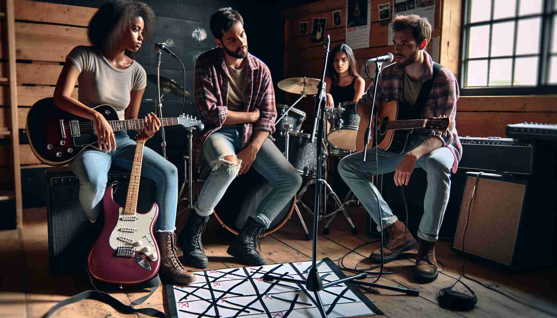 Generate a vivid, high-definition image of a rock band in the middle of their practice session, discussing the recent unforeseen circumstances that have led them to postpone their upcoming concert tour dates. Each of the band members has a different ethnic background: The drummer is a Caucasian male, the lead guitarist is a black female, the vocalist is a Hispanic female, and the bassist is a Middle-Eastern male. Visual cues such as their disappointed or serious facial expressions, concert dates crossed out on a calendar and packed guitars in their cases in the background should herald the tour cancellation.